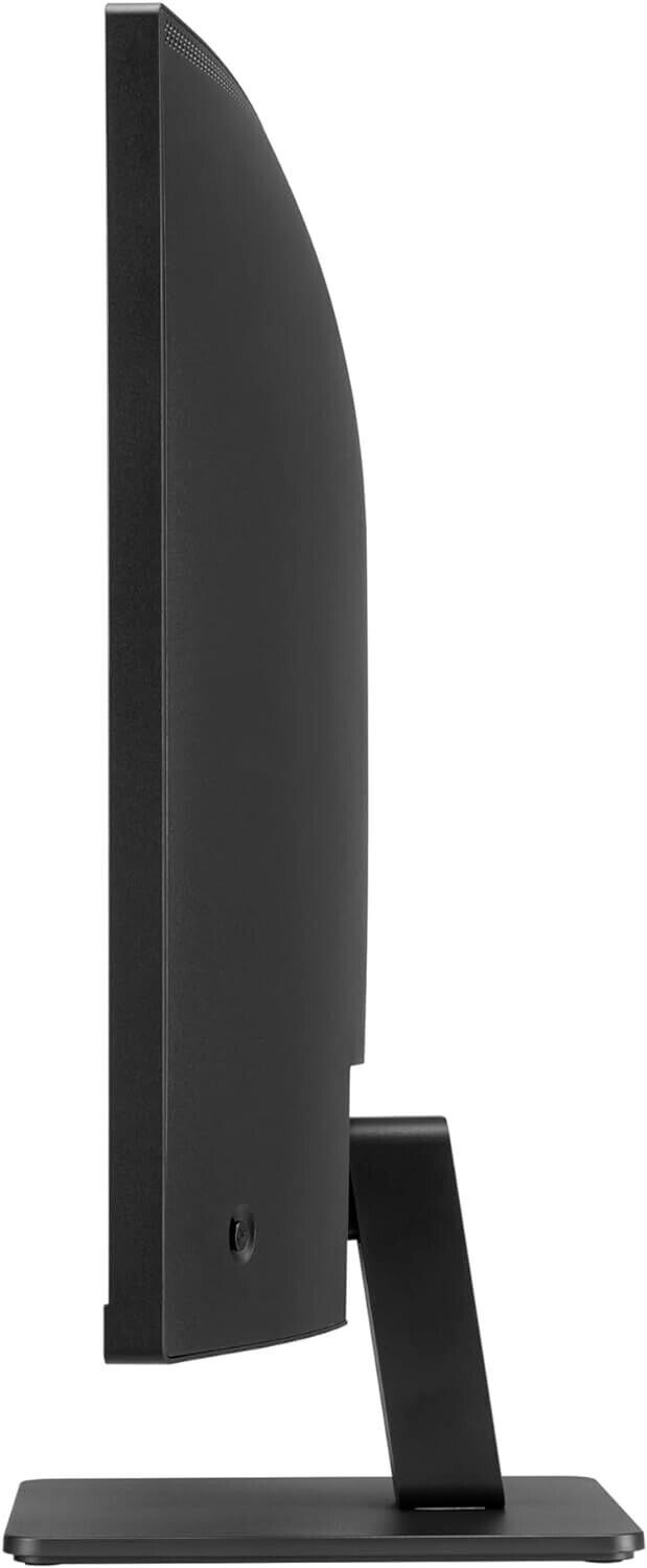 Side view of LG 32MR50C-B 32" curved monitor showcasing its sleek black design and sturdy stand.
