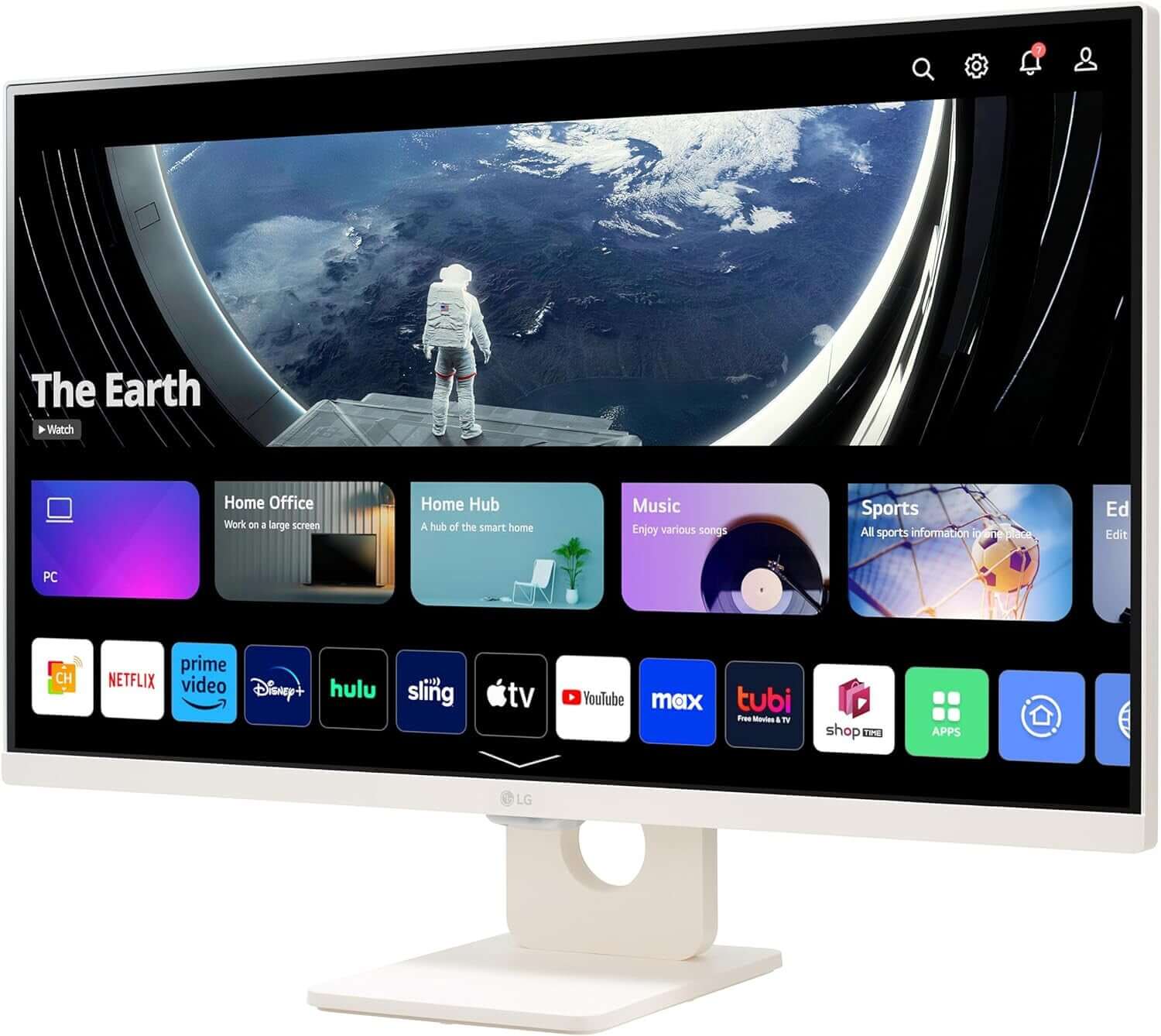 LG 32SR50F-W 32" MONITOR MYVIEW SMART FULL HD HDR 1080P IPS WHITE 5MS HDMI USB displaying smart apps and space visuals.