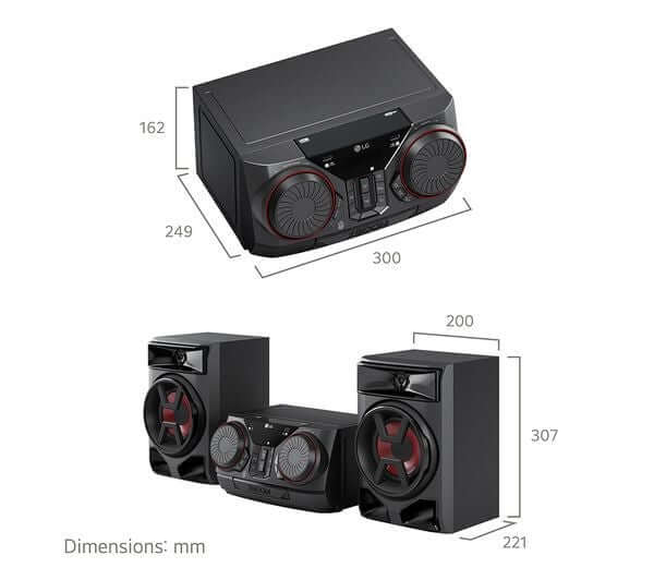 LG CK43N STEREO SYSTEM HI-FI  XBOOM 300W BLUETOOTH TRADITIONAL USB AUX IN BLACK dimensions and layout