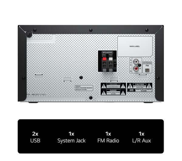 LG CK43N STEREO SYSTEM HI-FI  XBOOM 300W BLUETOOTH TRADITIONAL USB AUX IN BLACK back panel with USB and audio jacks.