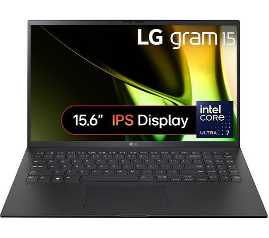 LG gram 15 laptop with 15.6-inch IPS display, featuring Intel Core Ultra 7, sleek design and backlit keyboard.