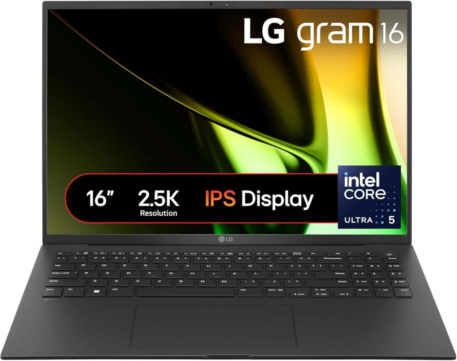 LG gram 16 laptop with 2.5K IPS display, Intel Core Ultra 5, sleek black design, ideal for productivity and performance.