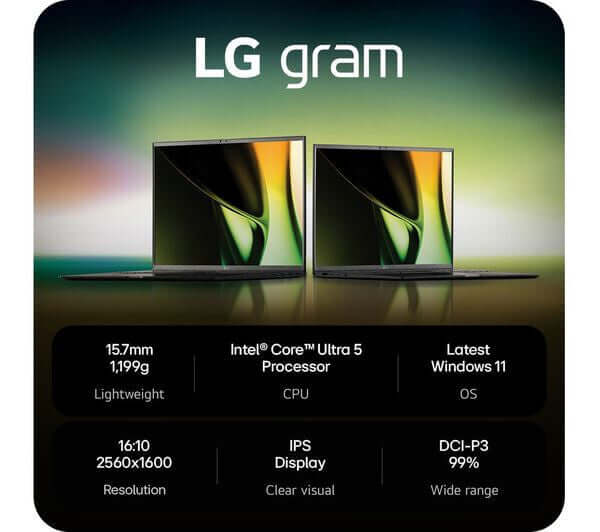LG GRAM 16 16Z90S-G 16" LAPTOP CORE ULTRA 5 125H 1TB SSD 16GB DDR5 RAM WIN 11 features and specifications overview.