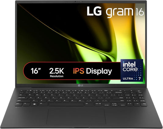 LG gram 16 Laptop with 2.5K IPS display, featuring Intel Core Ultra 7 processor and slim design.
