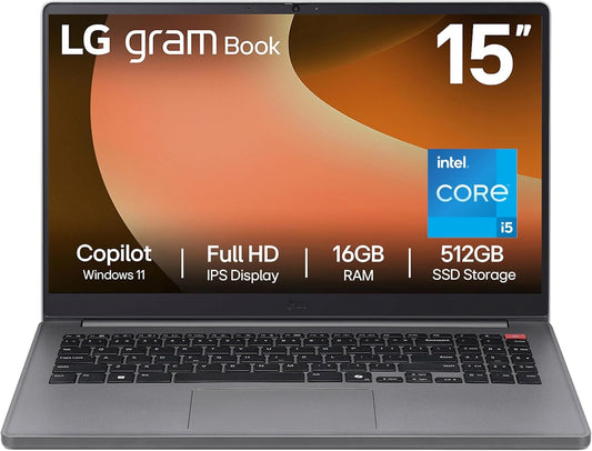 LG Gram Book 15-inch laptop with Intel Core i5, 16GB RAM, 512GB SSD, and Full HD display, featuring Windows 11.