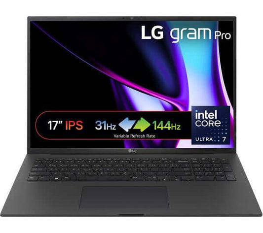LG GRAM PRO 17 17Z90SP-G LAPTOP 17" CORE ULTRA 7 155H 1TB SSD 16GB DDR5 RAM displaying 31Hz to 144Hz variable refresh rate.