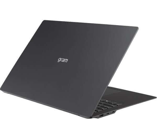 LG Gram Pro 17 laptop showing sleek black design and rear view, featuring the gram logo.