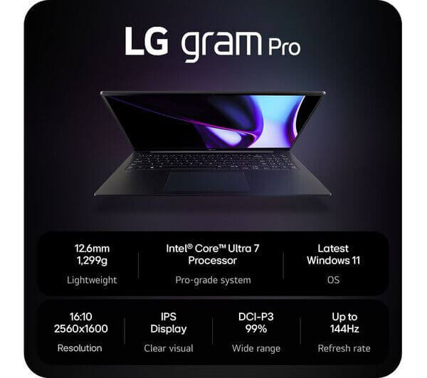 LG gram Pro 17 inch laptop featuring Intel Core Ultra 7 processor, lightweight design, and 144Hz IPS display.