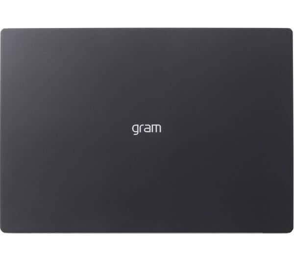 LG gram Pro 17 Laptop top view in black with logo, showcasing a sleek and modern design.