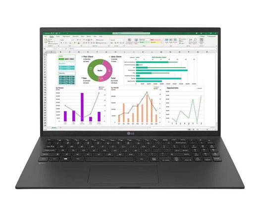 LG MOBILE THIN CLIENT 15.6" FULL HD LAPTOP CORE i3- 1115G4 256GB SSD 8GB RAM displaying data analysis in Excel.