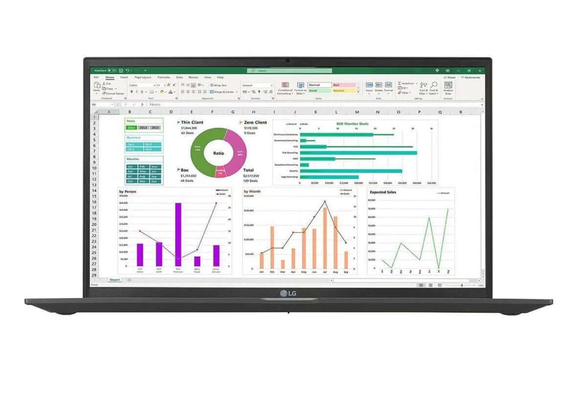 LG MOBILE THIN CLIENT 15.6" FULL HD LAPTOP CORE i3- 1115G4 256GB SSD 8GB RAM displaying productivity charts.