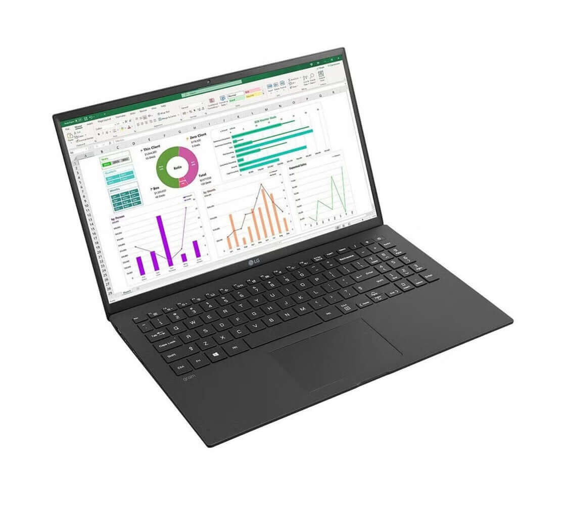 LG MOBILE THIN CLIENT 15.6" FULL HD LAPTOP CORE i3- 1115G4 256GB SSD 8GB RAM displaying analytics on screen.
