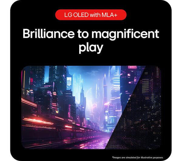 LG OLED with MLA+ showcasing vibrant cityscape for immersive gaming experience.