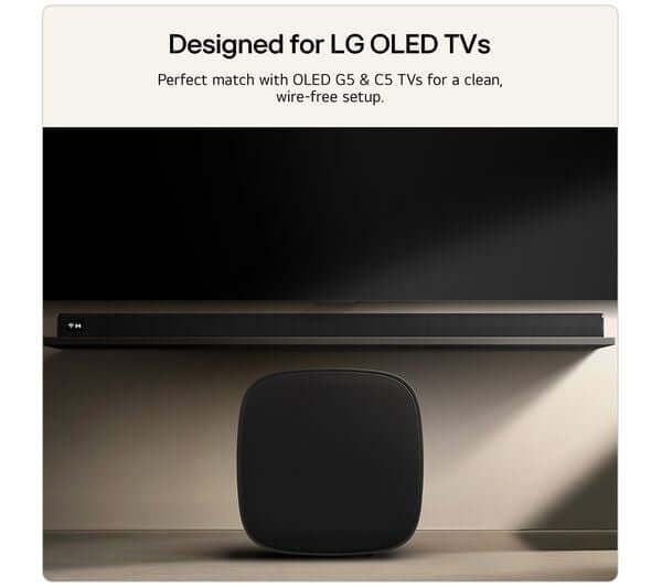 LG W7 SUBWOOFER 220W WIRELESS SPEAKER FOR SOUND SUITE DOLBY ATMOS FLEXCONNECT placed under an LG OLED TV.