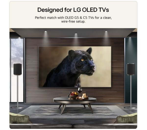 Designed for LG OLED TVs with a clean, wire-free setup featuring a black panther on a large screen.