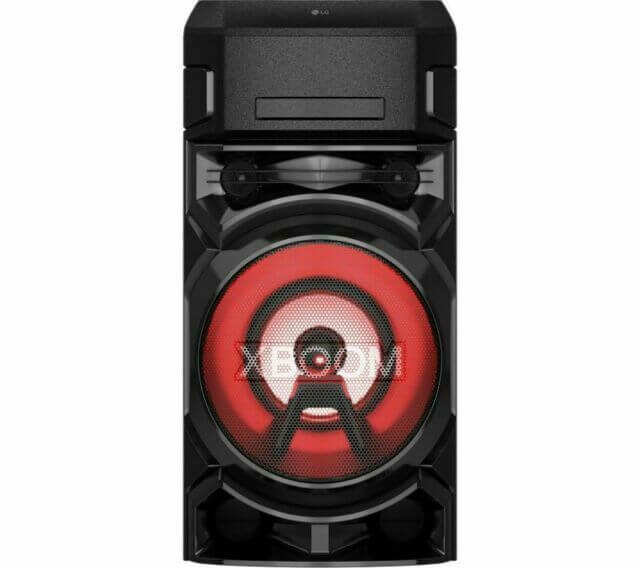 LG ON5 PARTY SPEAKER XBOOM WIRELESS BLUETOOTH MEGASOUND DAB+ HIFI STEREO CD USB front view with illuminated speaker.
