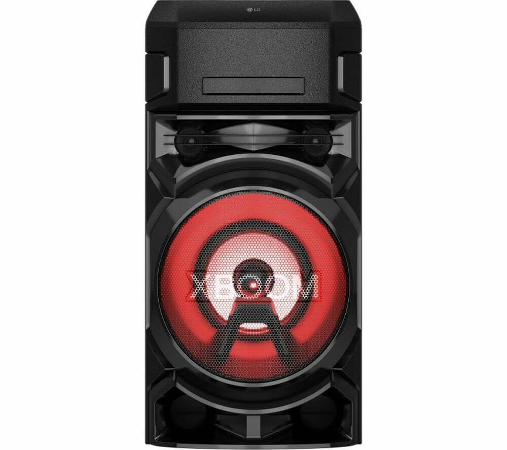 LG ON5 PARTY SPEAKER XBOOM WIRELESS BLUETOOTH MEGASOUND DAB+ HIFI STEREO CD USB close-up view of the speaker design.