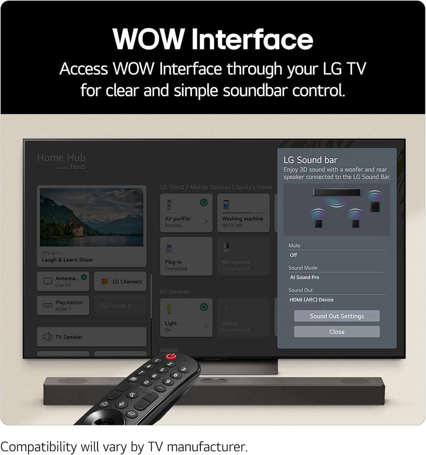 WOW Interface for LG TV showing soundbar control options and settings on screen with remote.