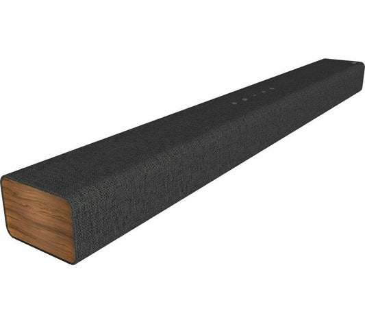 LG SP2 2.1 All-in-One Sound Bar in dark grey with wood accents and built-in subwoofer.
