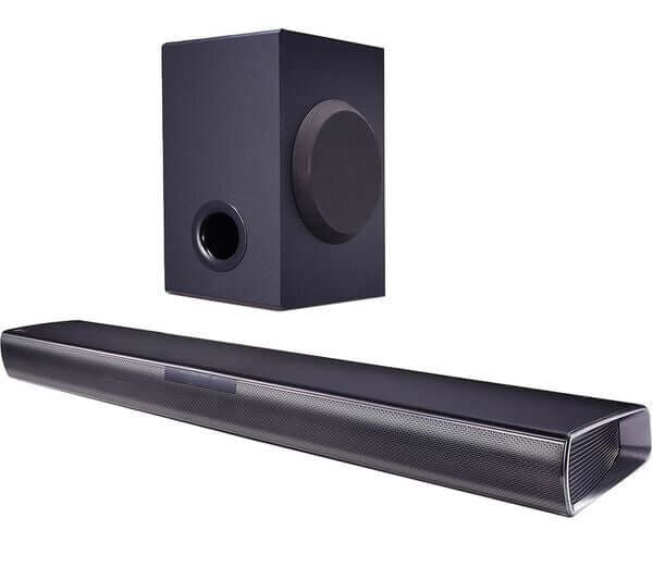LG SQC1 SOUNDBAR 2.1 160W BLUETOOTH 4.0 COMPACT WIRELESS SUBWOOFER OPTICAL USB with subwoofer and soundbar.