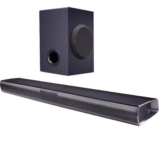 LG SQC1 SOUNDBAR 2.1 160W BLUETOOTH 4.0 COMPACT WIRELESS SUBWOOFER OPTICAL USB with subwoofer and soundbar.