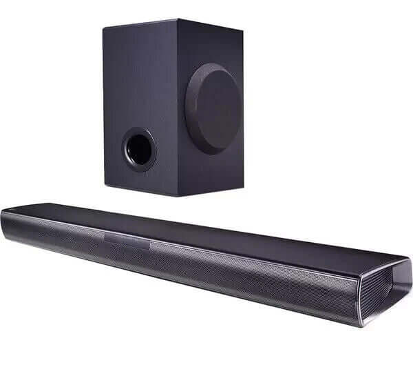 LG SQC1 SOUNDBAR 2.1 160W BLUETOOTH 4.0 COMPACT WIRELESS SUBWOOFER OPTICAL USB in black with wireless subwoofer.