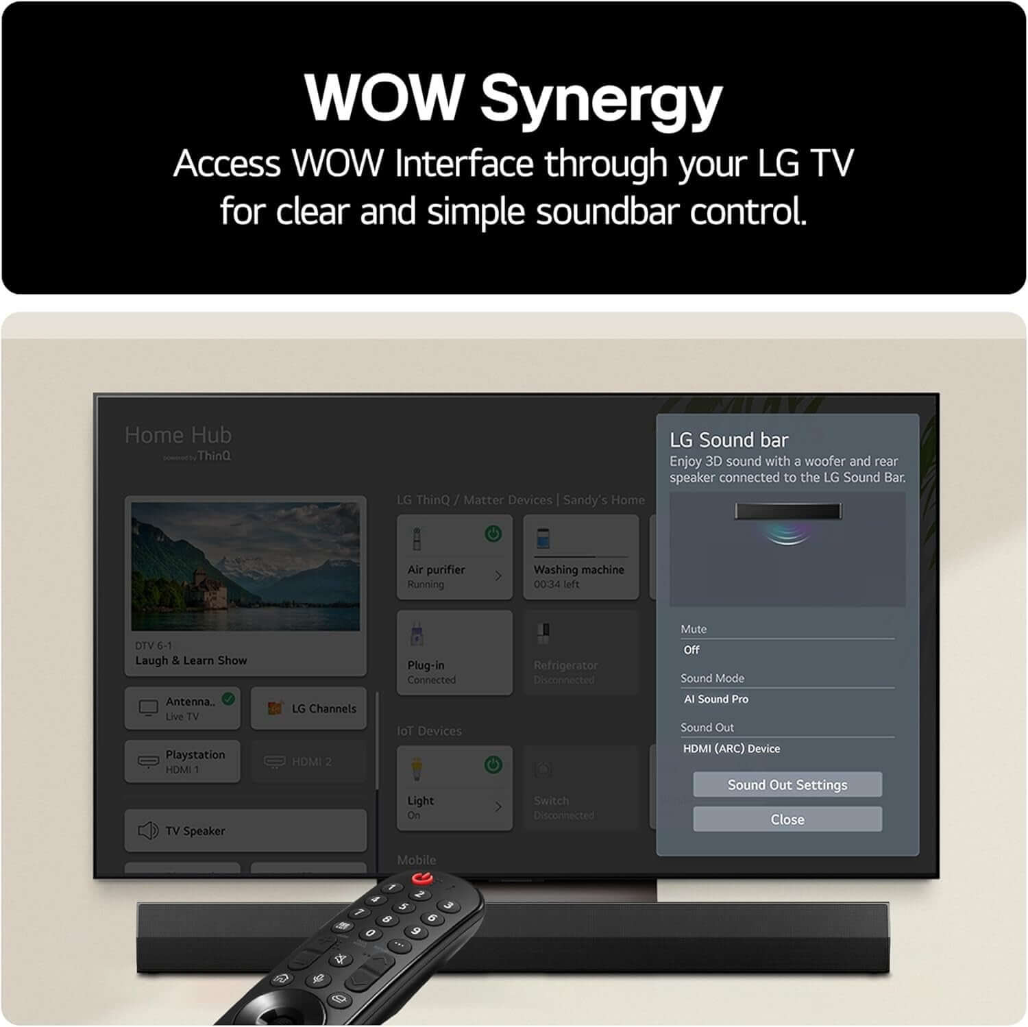 LG US20A SOUNDBAR 2.0 WIRELESS BLUETOOTH 5.3 COMPACT 50W RMS HDMI USB PORT BLACK with WOW Interface settings on TV.