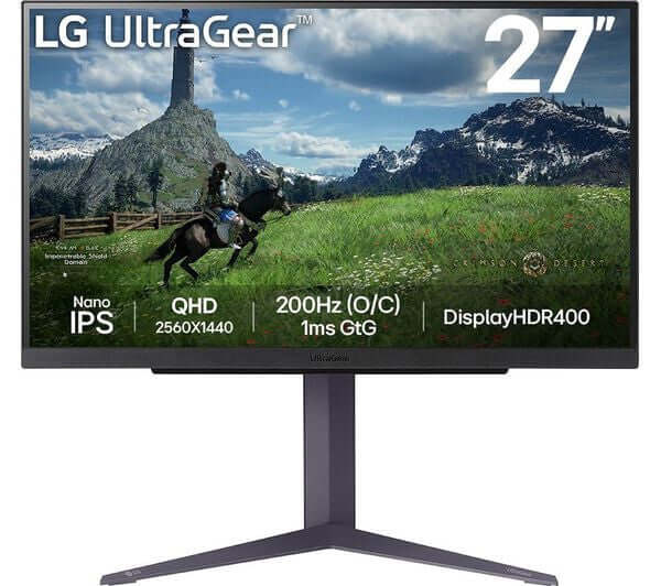 LG 27GS85Q 27" MONITOR ULTRAGEAR QUAD HD 1440P NANO IPS 1MS 180HZ GAMING HDMI displayed with gaming graphics