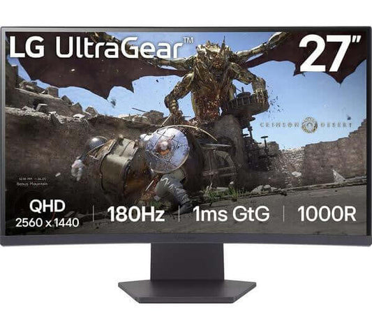 LG 27GS60QC-B 27" GAMING MONITOR ULTRAGEAR QUAD HD 1440P CURVED 180Hz 1MS HDMI displaying vibrant graphics.