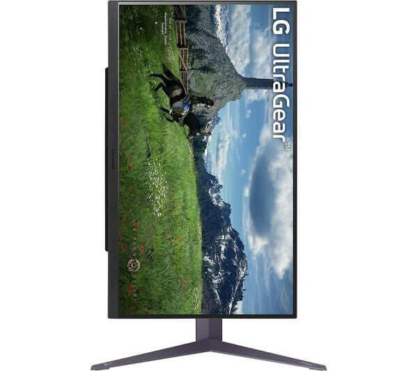 LG 27GS85Q 27" MONITOR ULTRAGEAR QUAD HD 1440P NANO IPS 1MS 180HZ GAMING HDMI in vertical orientation.