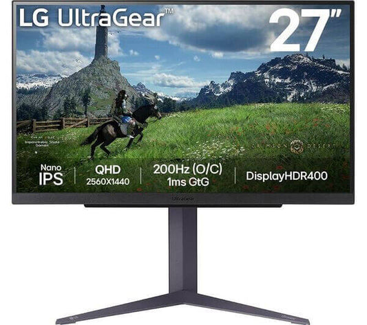 LG UltraGear 27" gaming monitor with Nano IPS, 2560x1440 QHD, 200Hz refresh rate, and 1ms response time.