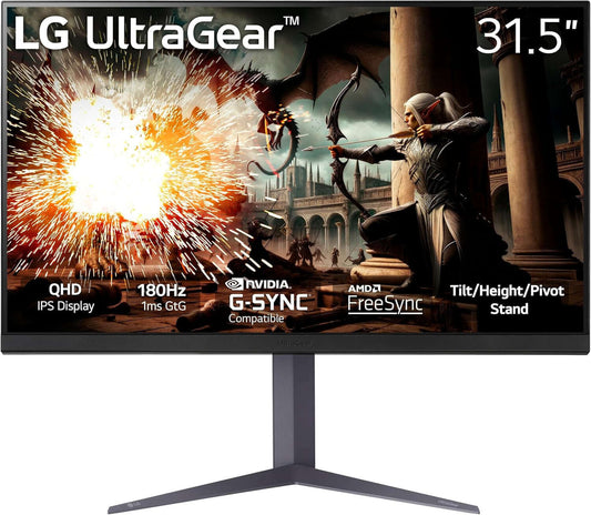 LG UltraGear 31.5" QHD gaming monitor with 180Hz, 1ms response time, G-SYNC, FreeSync, and tilted design.