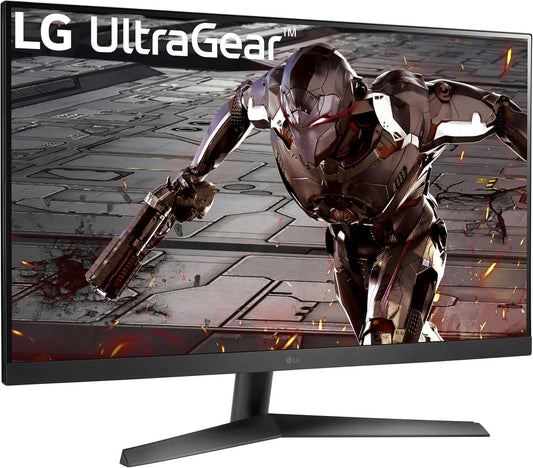 LG UltraGear 32" gaming monitor showcasing a high-resolution display with a sci-fi character in action.