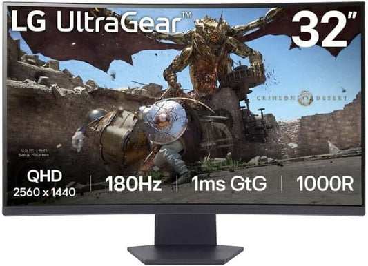 LG UltraGear 32" curved gaming monitor showcasing QHD 2560x1440 resolution, 180Hz refresh rate, and 1ms response time.