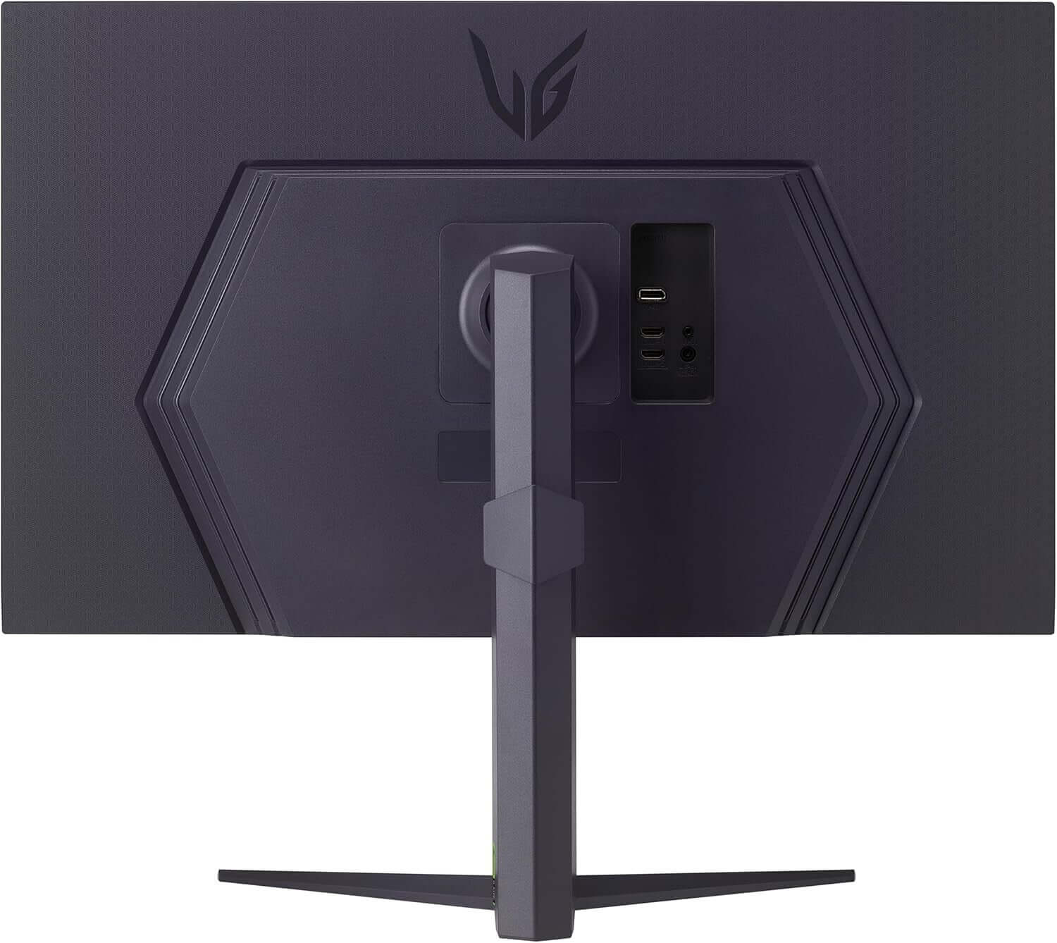 Back view of LG UltraGear 32GS75QN-B gaming monitor showcasing its design and connectivity ports.