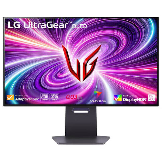 LG UltraGear 32" OLED gaming monitor with 240Hz refresh rate and 0.03ms response time, featuring vibrant colors and sleek design.