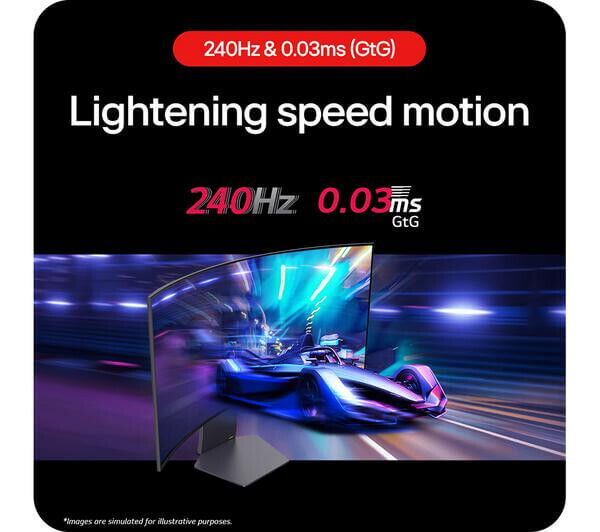 LG UltraGear monitor features 240Hz refresh rate and 0.03 ms response time for lightning speed motion.