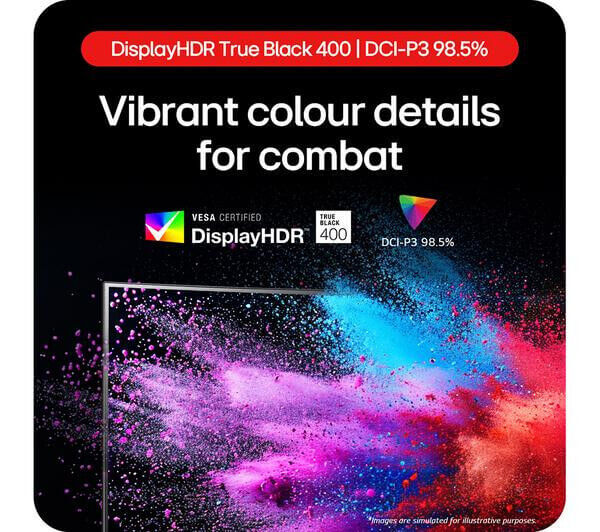 Vibrant color details for combat with DisplayHDR True Black 400 and DCI-P3 98.5% for enhanced gaming experience.