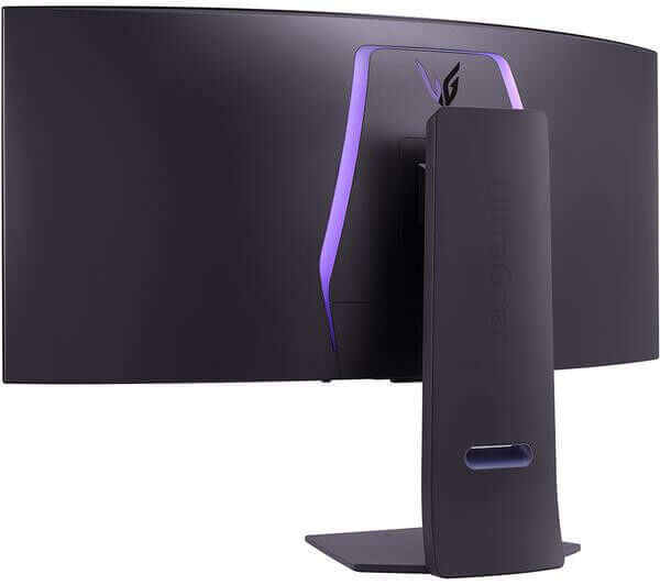 Back view of LG UltraGear 39GS95QE curved OLED gaming monitor showcasing sleek stand and RGB lighting.
