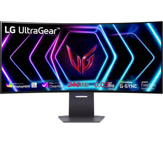 LG UltraGear 39" curved OLED gaming monitor with 240Hz refresh rate and DisplayHDR support.