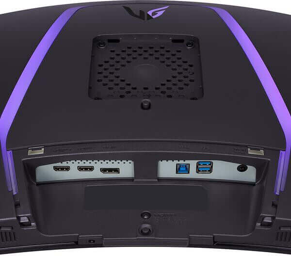 Back view of LG UltraGear gaming monitor showing HDMI, USB ports, and cooling vents with sleek design.