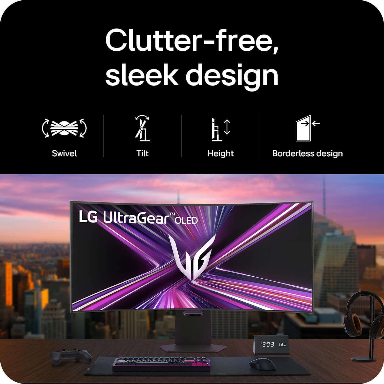LG 45" OLED GAMING MONITOR GX9 ULTRAGEAR 5K2K DUAL 5K ULTRAWIDE CURVED 45GX950A with sleek design features.