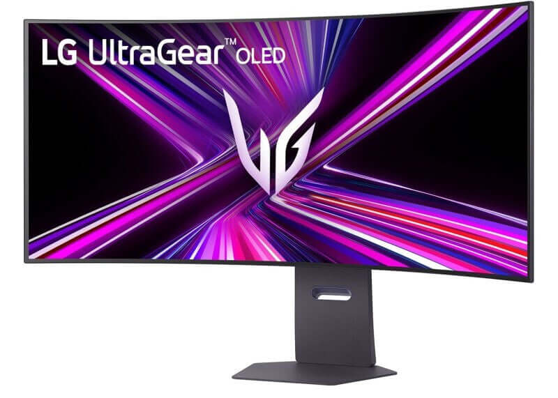 LG 45" OLED GAMING MONITOR GX9 ULTRAGEAR 5K2K DUAL 5K ULTRAWIDE CURVED 45GX950A on a sleek stand with vibrant colors.