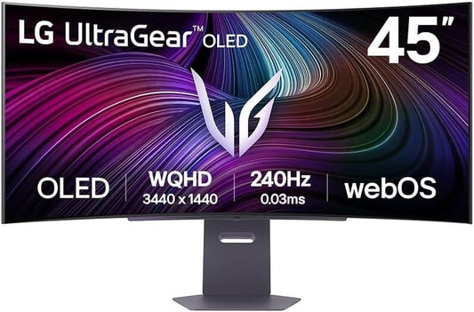 LG UltraGear 45" OLED gaming monitor with curved design, 3440x1440 resolution, 240Hz refresh rate, and sleek stand.