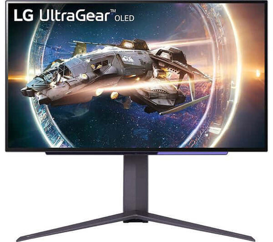 LG 27GR95QE 27" MONITOR OLED ULTRAGEAR GAMING QUAD HD 1440P HDMI DISPLAYPORT with a space-themed image on the screen.