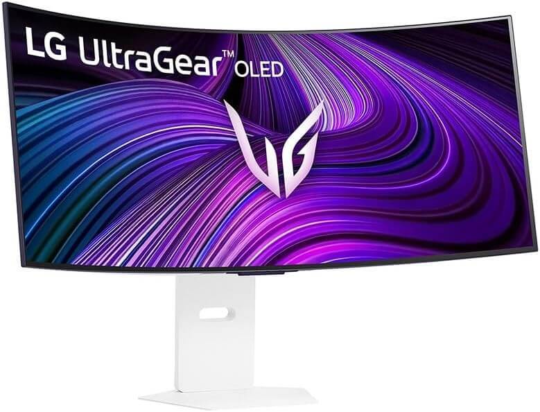 LG UltraGear OLED 39" curved gaming monitor with vibrant purple design and sleek white stand.