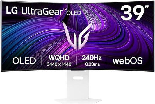 LG UltraGear 39" OLED Curved Gaming Monitor with WQHD 3440x1440, 240Hz refresh rate, and webOS features.