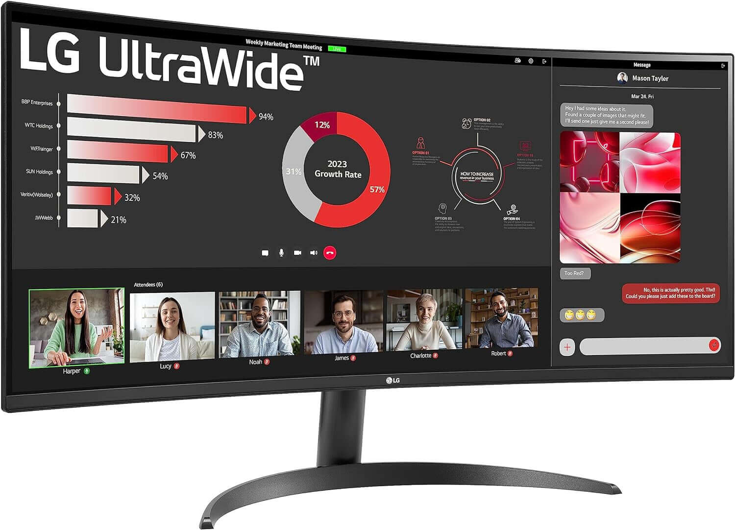 LG ultrawide curved monitor 34 inch displaying a video conference with charts and team members.