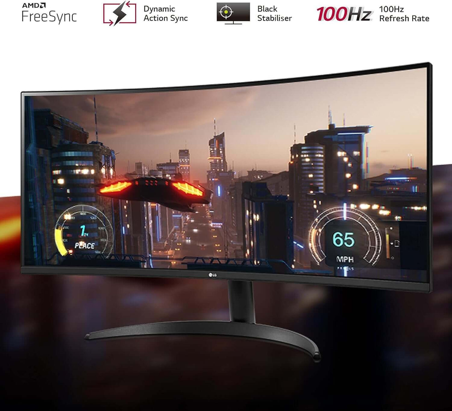 LG ultrawide curved monitor 34 inch displaying a futuristic cityscape with gaming interface elements.