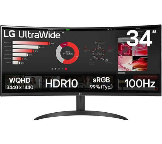 LG 34WR50QK-B 34" MONITOR ULTRAWIDE QUAD HD 1440P CURVED LCD HDMI DISPLAYPORT showing vibrant graphs and details.